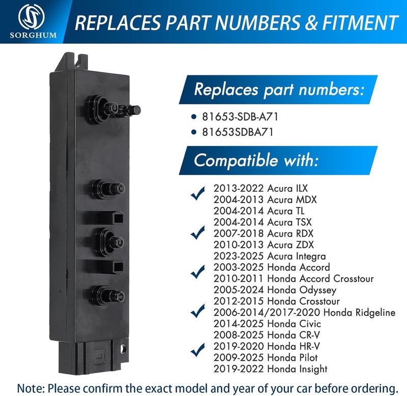 Sorghum Power Seat Switch - Front Left Driver Side Adjustment Switch Control 8 Ways Compatible with Honda Accord 03-25 Civic 14-25 Odyssey 05-24 CR-V HR-V Acura ILX MDX TSX RDX Replace# 81653-SDB-A71 - Image 4